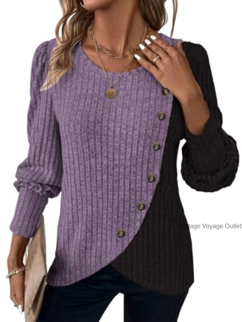 Womens Knit Sweater Ribbed Colorblock Button Pullover Maternity
